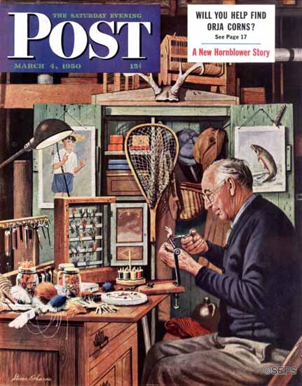 Stevan Dohanos Saturday Evening Post Tying Flies 1950_03_04 | The Saturday Evening Post Graphic Art Covers 1931-1969