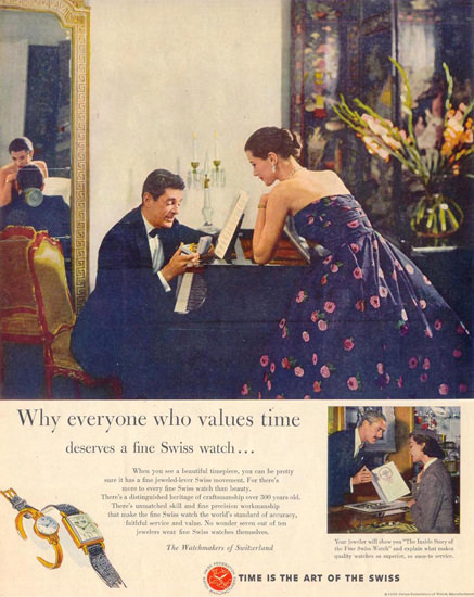 Swiss Fed Of Watch Manufacturers 1953 Pianist | Sex Appeal Vintage Ads and Covers 1891-1970