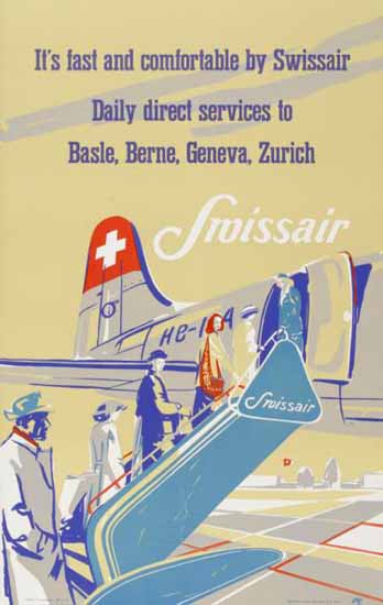 Swissair Daily Basle Berne Geneva Zurich Switzerland 1948 | Vintage Travel Posters 1891-1970