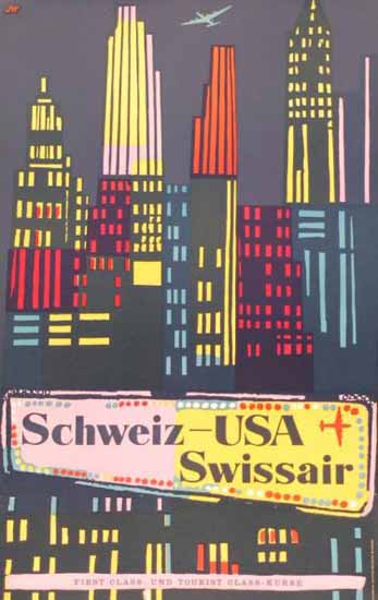 Swissair Schweiz USA FirstClass New York Switzerland 1951 | Vintage Travel Posters 1891-1970