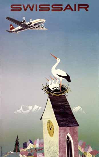 Swissair Swiss Air Lines Switzerland Storks 1951 | Vintage Travel Posters 1891-1970