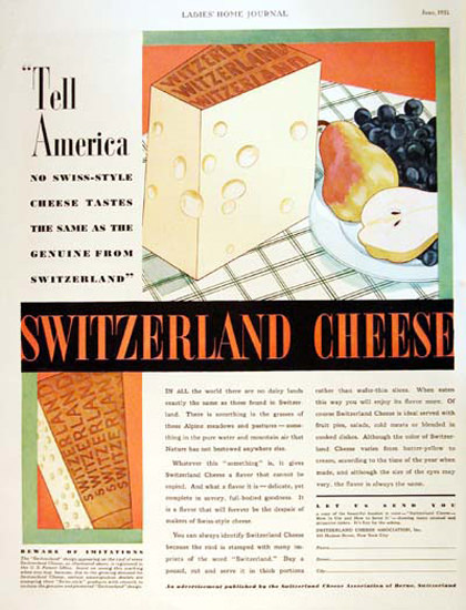 Switzerland Cheese 1931 Genuine Switzerland | Vintage Ad and Cover Art 1891-1970