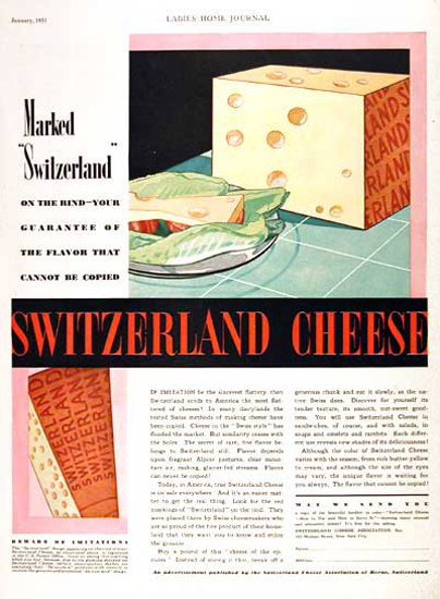 Switzerland Cheese Cannot Be Copied 1931 | Vintage Ad and Cover Art 1891-1970