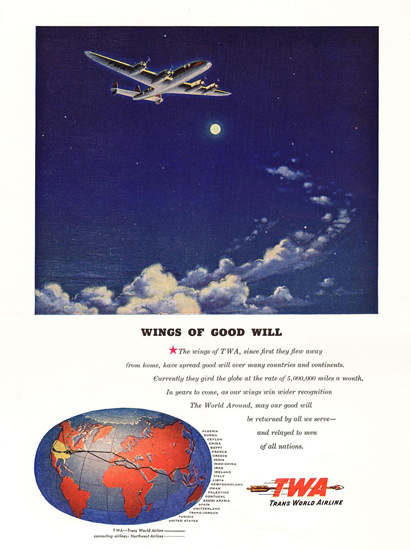 TWA Good Will Night Flight Super Constellation | Vintage Travel Posters 1891-1970