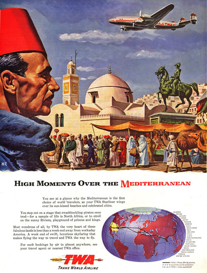 TWA Mediterranean Super Constellation 1947 | Vintage Travel Posters 1891-1970