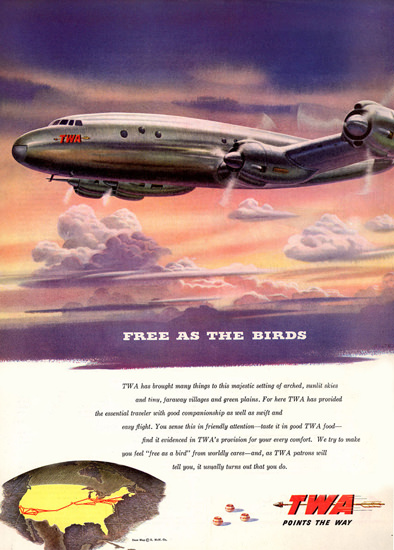 TWA Trans World Airline Free As The Birds 1945 | Vintage Travel Posters 1891-1970