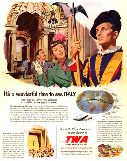 TWA Trans World Airlines Swiss Guard Italy 1949 | Vintage Travel Posters 1891-1970