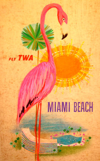 TWA World Airline Miami Beach 1950s Flamingo | Vintage Travel Posters 1891-1970