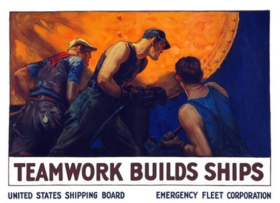 Teamwork Buils Ship US Shipping Board | Vintage War Propaganda Posters 1891-1970