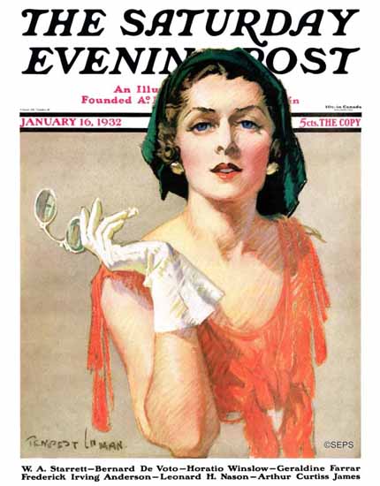 Tempest Inman Saturday Evening Post Woman and Pince Nez 1932_01_16 | The Saturday Evening Post Graphic Art Covers 1931-1969