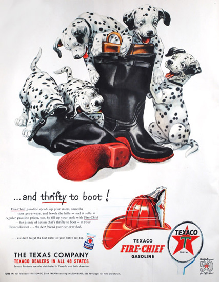 Texaco Thrifty To Boot 1952 Dalmatian Puppies | Vintage Ad and Cover Art 1891-1970