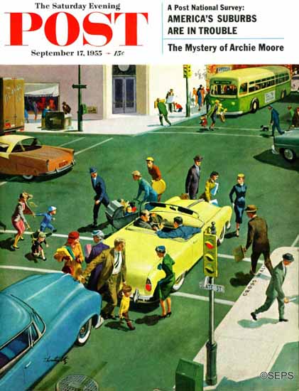 Thornton Utz Saturday Evening Post Blocking the Crosswalk 1955_09_17 | The Saturday Evening Post Graphic Art Covers 1931-1969