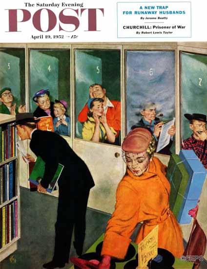 Thornton Utz Saturday Evening Post Listening Booths 1952_04_19 | The Saturday Evening Post Graphic Art Covers 1931-1969