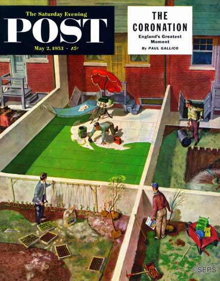 Thornton Utz Saturday Evening Post Painting the Patio Green 1953_05_02 | The Saturday Evening Post Graphic Art Covers 1931-1969