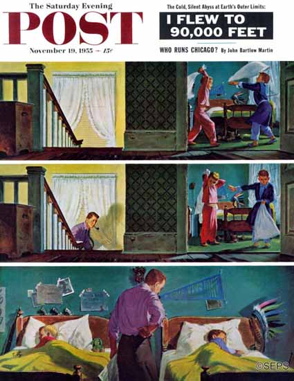 Thornton Utz Saturday Evening Post Pillow Fight 1955_11_19 | The Saturday Evening Post Graphic Art Covers 1931-1969