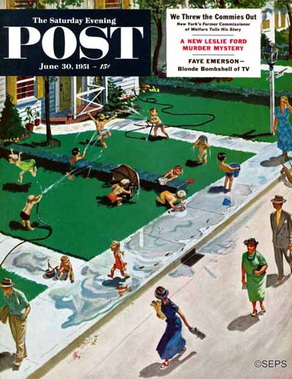 Thornton Utz Saturday Evening Post Water Fight 1951_06_30 | The Saturday Evening Post Graphic Art Covers 1931-1969