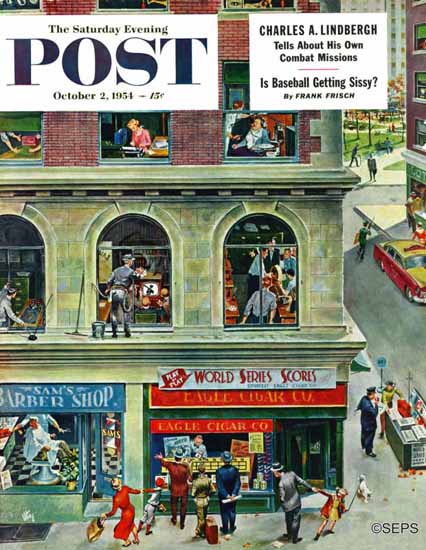 Thornton Utz Saturday Evening Post World Series Scores 1954_10_02 | The Saturday Evening Post Graphic Art Covers 1931-1969