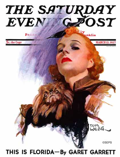 Tom Webb Saturday Evening Post Woman and Pekingese 1937_03_13 | The Saturday Evening Post Graphic Art Covers 1931-1969