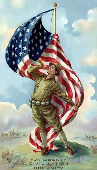 US Flag And World War 1 Soldiers For Liberty | Vintage War Propaganda Posters 1891-1970