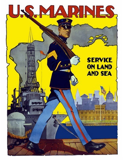 US Marines Service On Land And Sea Harbor | Vintage War Propaganda Posters 1891-1970