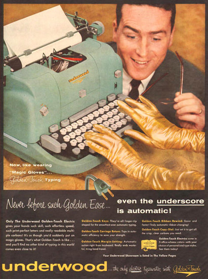 Underwood Electric Typewriter Gloves 1957 | Sex Appeal Vintage Ads and Covers 1891-1970