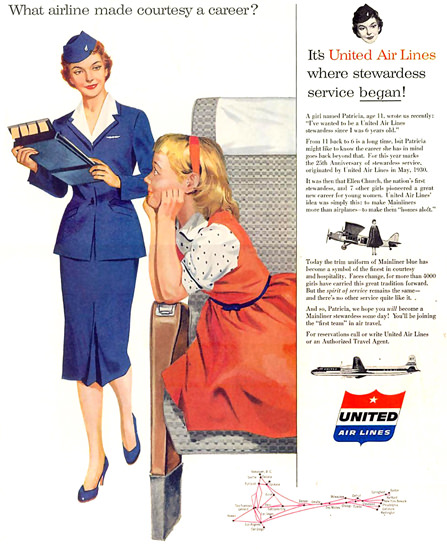 United Air Career Stewardess Air Hostess 1955 | Vintage Travel Posters 1891-1970