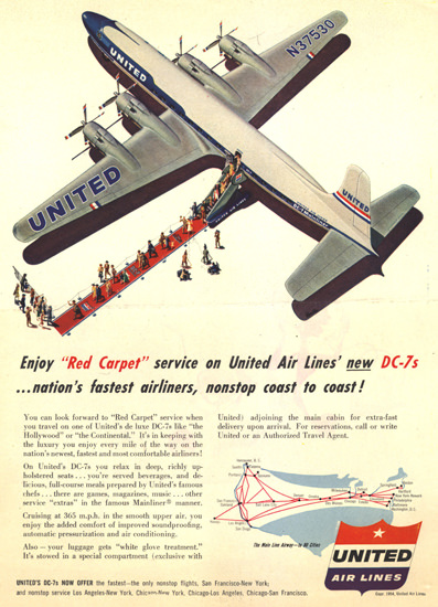 United Air Lines  DC-7 Enjoy Red Carpet 1954 | Vintage Travel Posters 1891-1970