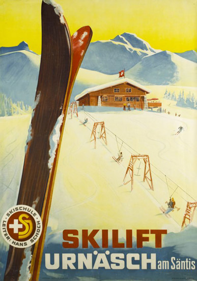 Urnäsch Skilift Am Saentis Switzerland 1944 Skiing | Vintage Travel Posters 1891-1970