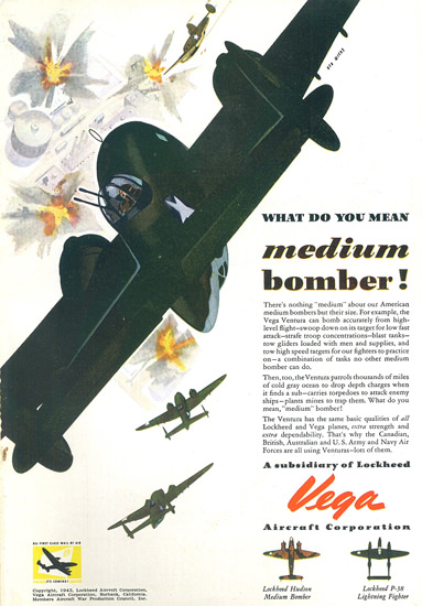 Vega Aircraft Co Lockheed Medium Bomber 1943 | Vintage War Propaganda Posters 1891-1970