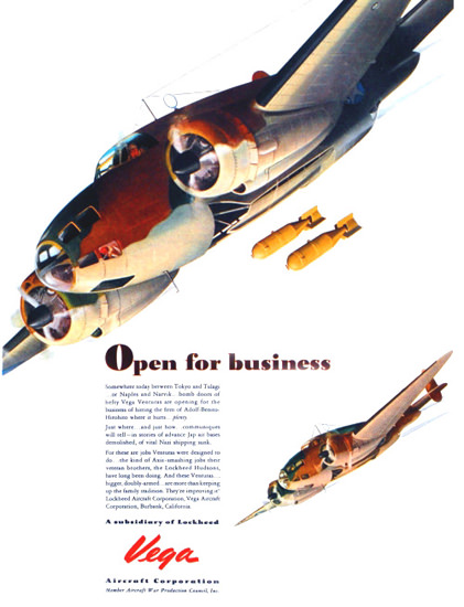 Vega Aircraft Corporation Open For Business | Vintage War Propaganda Posters 1891-1970