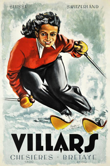 Villars Chesieres Bretaye Suisse Skiing 1948 | Vintage Travel Posters 1891-1970