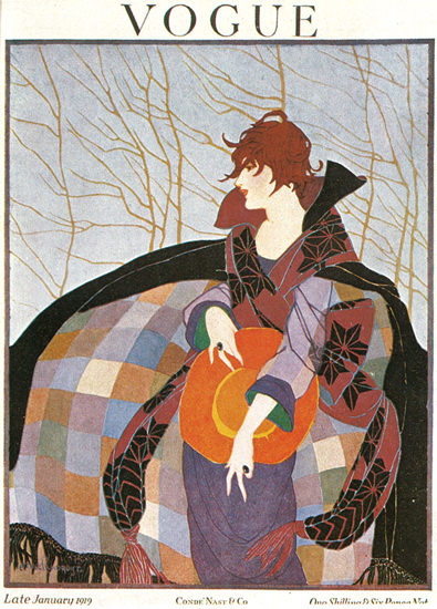 Vogue Copyright 1919 Art Nouveau Lady In Colorful Coat | Sex Appeal Vintage Ads and Covers 1891-1970