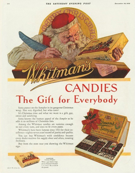 Whitmans Candies The Gift For Everybody Santa | Vintage Ad and Cover Art 1891-1970