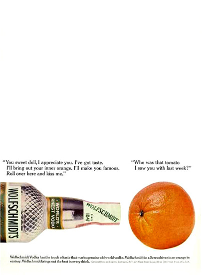 Wolfschmidts Vodka Orange You Sweet Doll 1962 | Vintage Ad and Cover Art 1891-1970