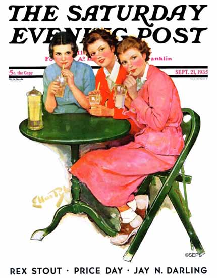 WomenArt Ellen Pyle Saturday Evening Post Sipping Sodas 1935_09_21 | 69 Women Cover Artists and 826 Covers 1902-1970