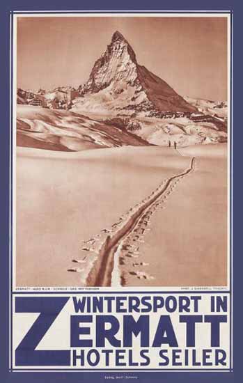 Zermatt Winter Zermatt Hotels Seiler Switzerland 1935 | Vintage Travel Posters 1891-1970