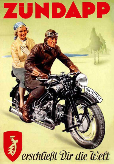 Zuendapp Motorcycles Die Welt 1938 | Vintage Travel Posters 1891-1970