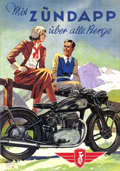 Zuendapp Motorcycles Ueber Alle Berge 1938 | Vintage Travel Posters 1891-1970